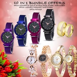 10 In 1 Bundle Offers 4pcs Luxury Magnet Watches, 4pcs Women's Gold Plated Stainless Steel Watches For Free 2pcs Rings, CN426